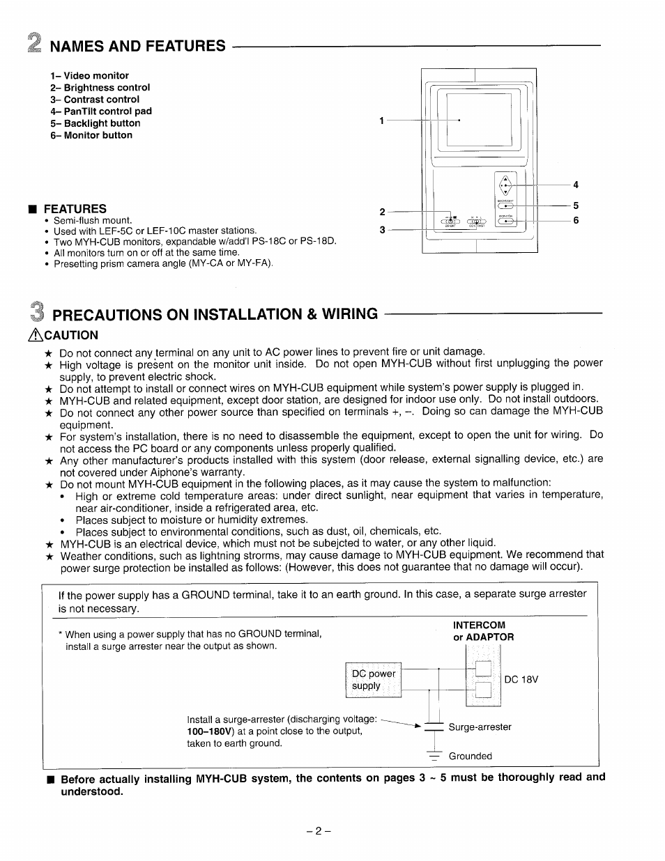 Names and features, Features, J precautions on installation & wiring | Aiphone Myh-Cub User Manual | Page 2 / 6
