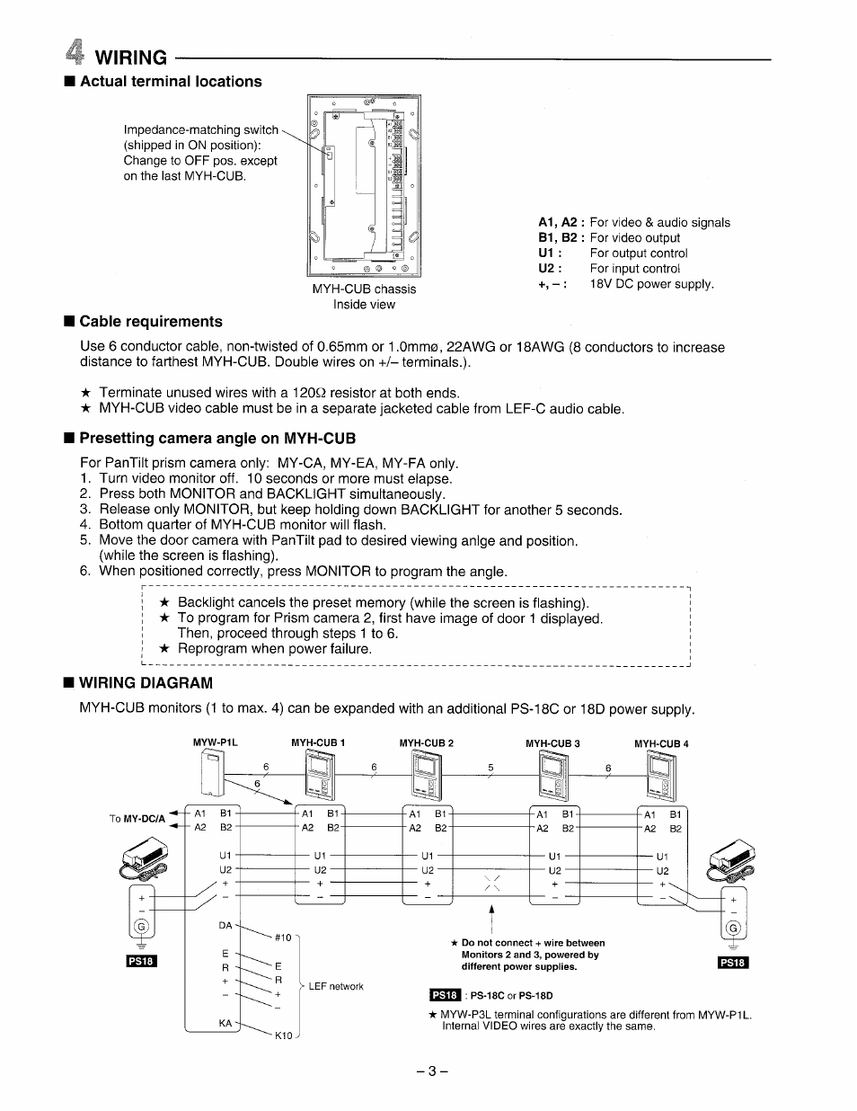 I wiring, Actual terminal locations, Cable requirements | Presetting camera angle on myh-cub, Wiring diagram, Wiring | Aiphone Myh-Cub User Manual | Page 3 / 6