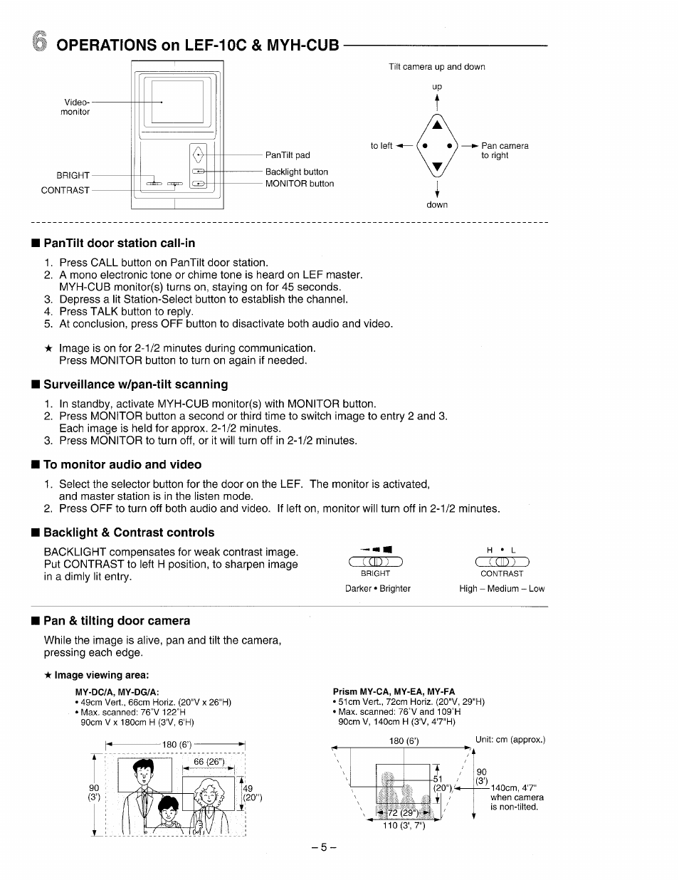 Operations on lef-10c & myh-cub, Pantilt door station call-in, Surveillance w/pan-tilt scanning | To monitor audio and video, Backlight & contrast controls, Pan & tilting door camera | Aiphone Myh-Cub User Manual | Page 5 / 6