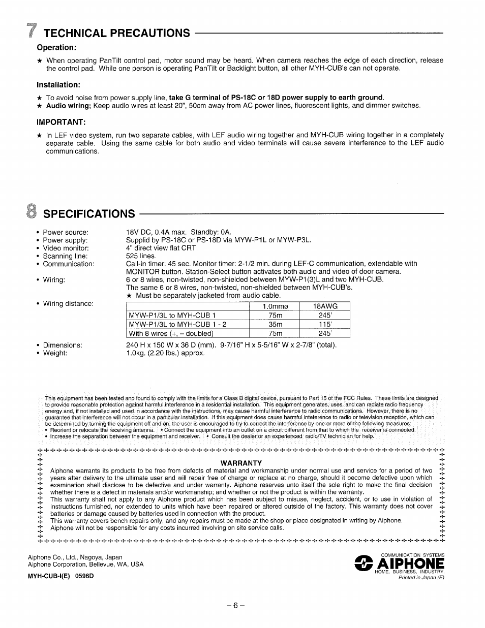 Technical precautions, Operation, Installation | Important, Specifications, Warranty, Aiphone | Aiphone Myh-Cub User Manual | Page 6 / 6