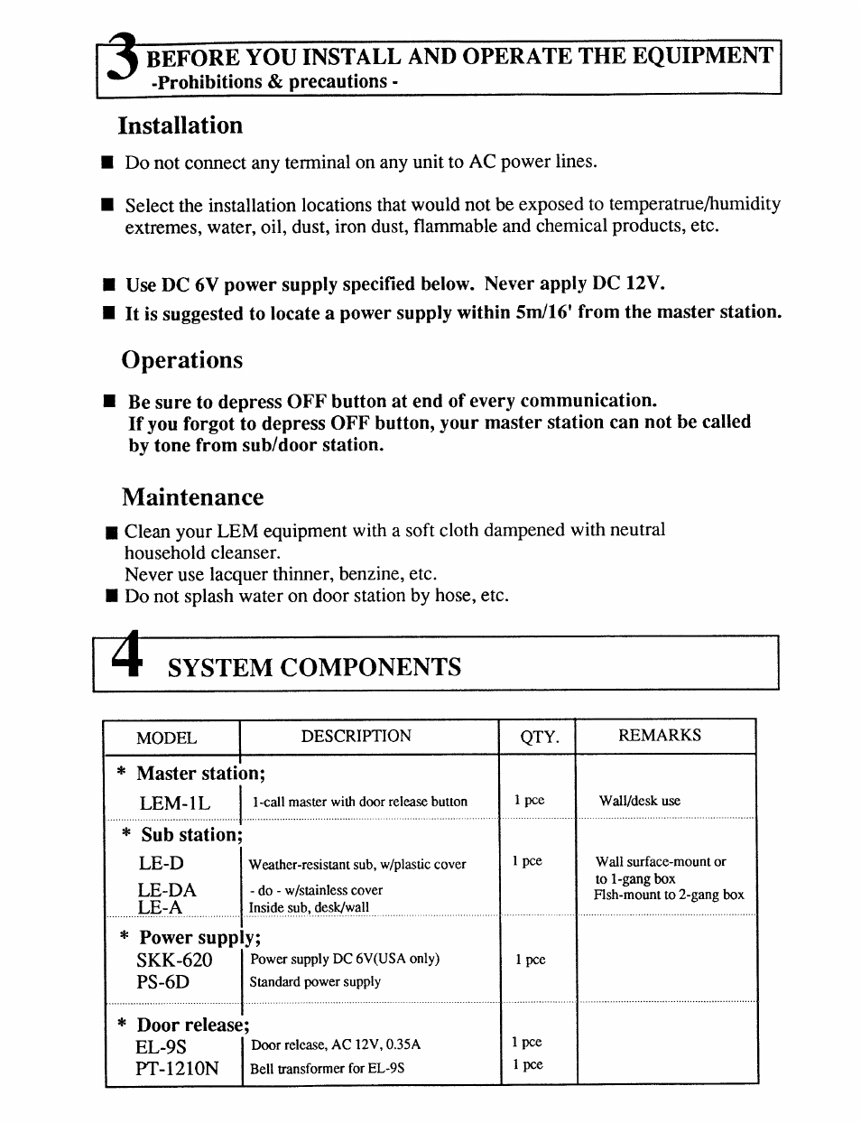 Before you install and operate the equipment, Installation, Operations | Maintenance | Aiphone LEM-1L User Manual | Page 2 / 4