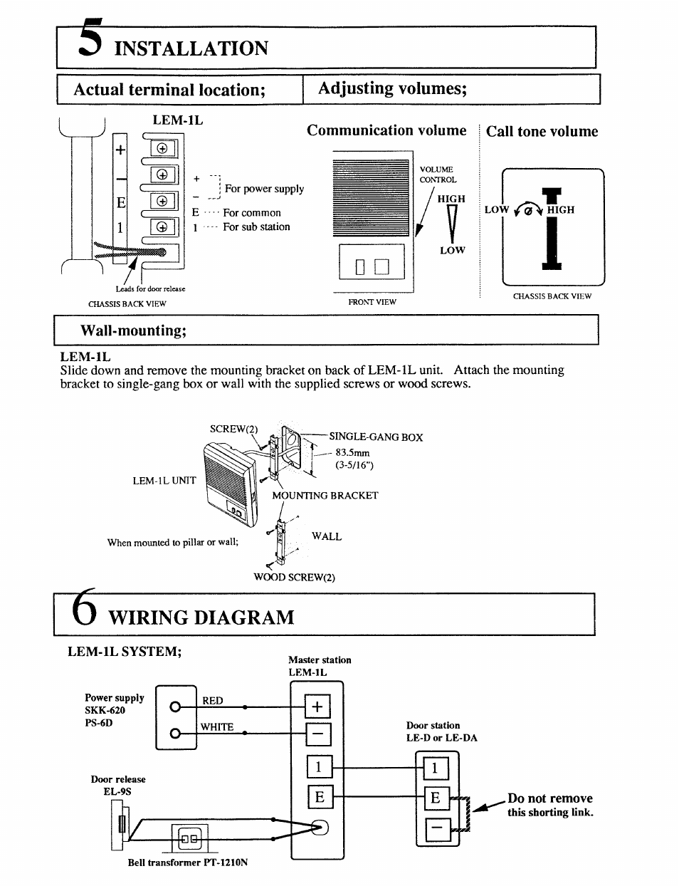 Installation, Actual terminal location; adjusting volumes | Aiphone LEM-1L User Manual | Page 3 / 4