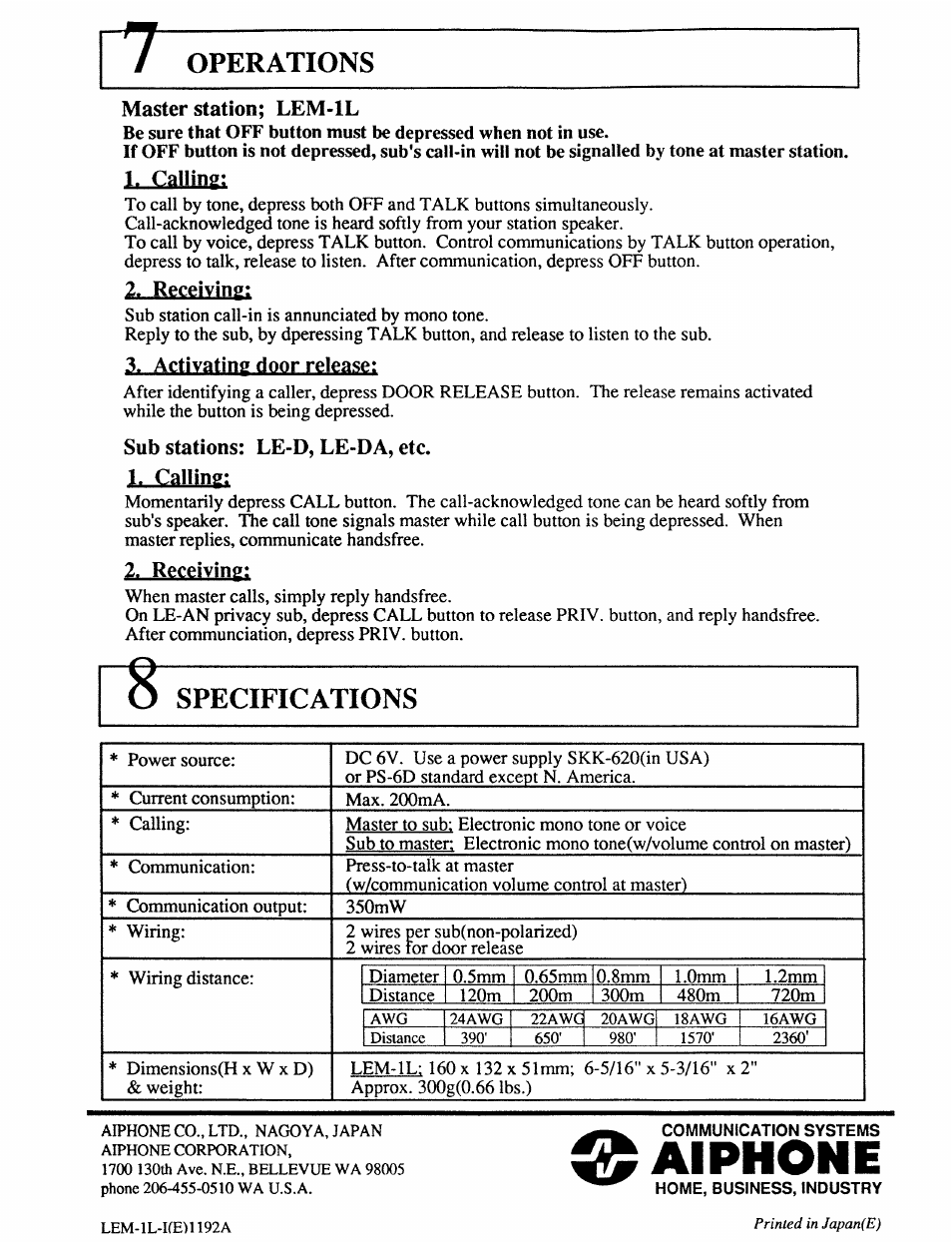 Master station; lem-il, Cauin2, Receiving | Activating door release, Sub stations: le-d, le-da, etc, Aiphone, Operations, H cahing, Cauin 2 | Aiphone LEM-1L User Manual | Page 4 / 4