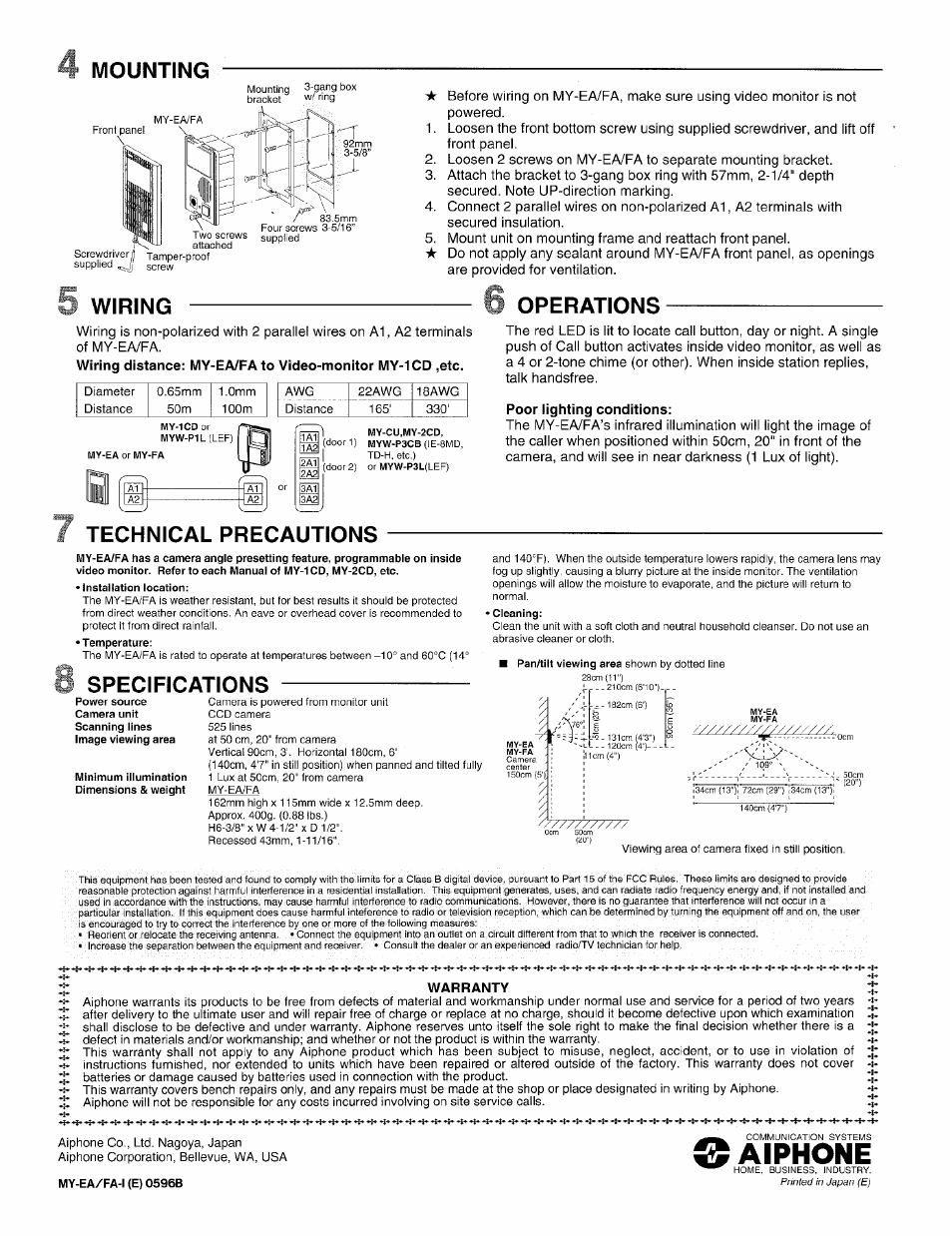 Aiphone, Mounting, Wiring | Operations, Technical precautions, Specifications | Aiphone MY SERIES MY-EA User Manual | Page 2 / 2