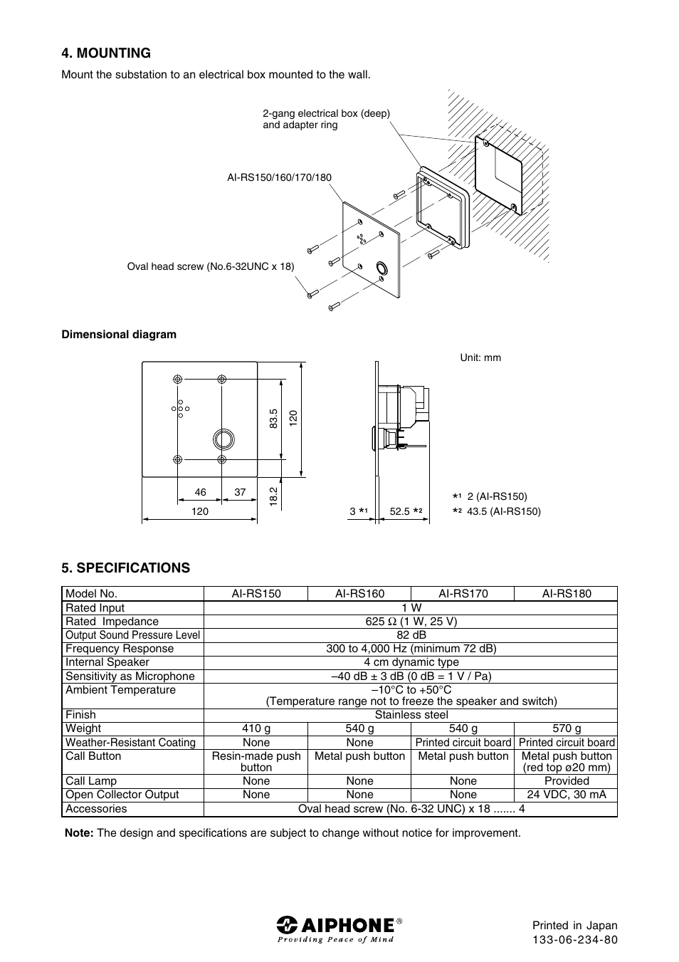 Mounting, Specifications | Aiphone SECURITY SUBSTATION AI-RS180 User Manual | Page 2 / 2