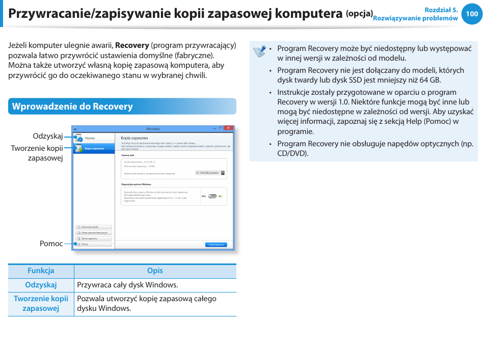 Przywracanie/zapisywanie kopii zapasowej, Komputera (opcja), Przywracanie/zapisywanie kopii zapasowej komputera | Wprowadzenie do recovery | Samsung NP300E5E User Manual | Page 101 / 146