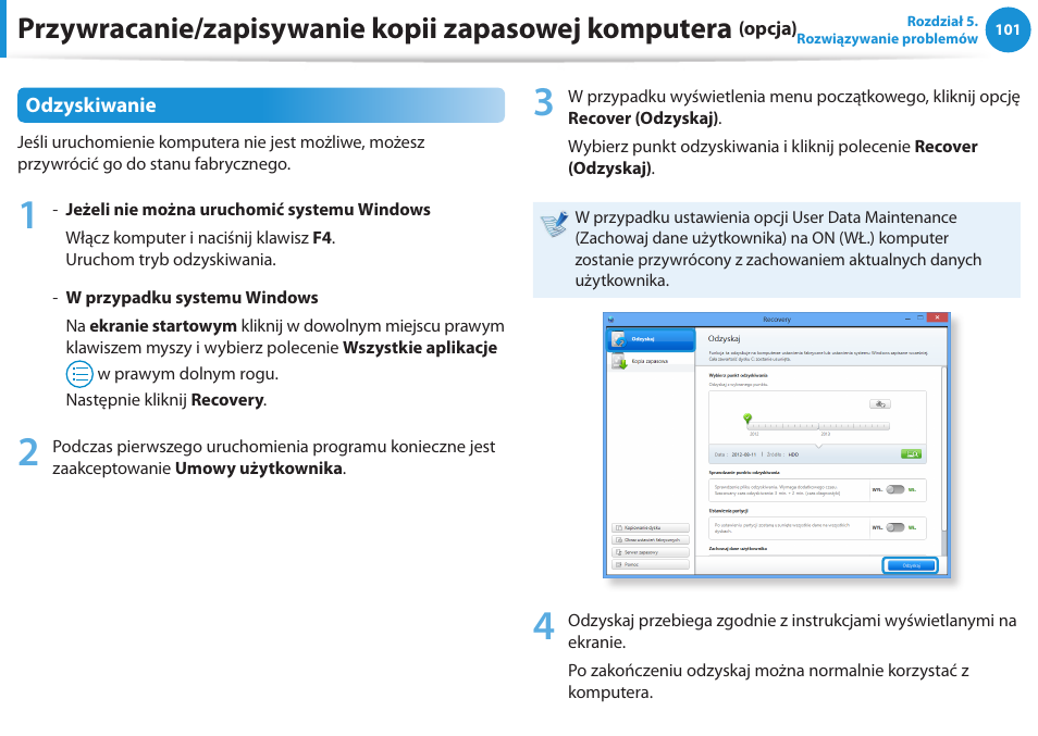 Przywracanie/zapisywanie kopii zapasowej komputera | Samsung NP300E5E User Manual | Page 102 / 146