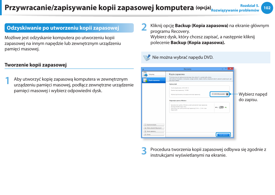 Przywracanie/zapisywanie kopii zapasowej komputera | Samsung NP300E5E User Manual | Page 103 / 146