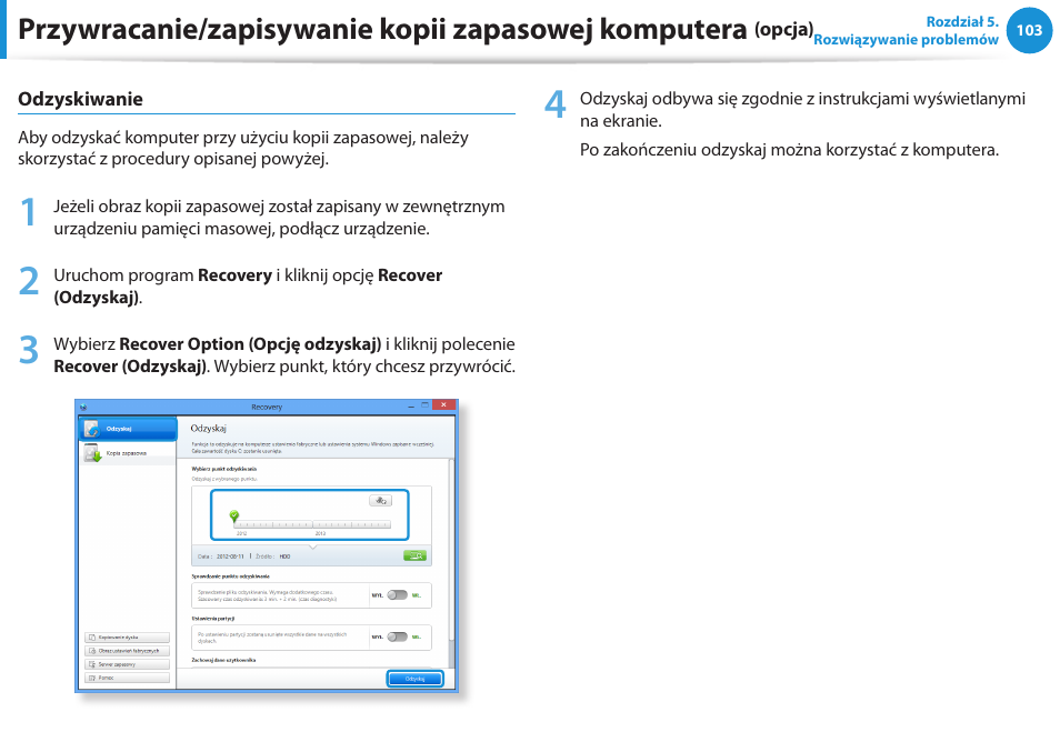 Przywracanie/zapisywanie kopii zapasowej komputera | Samsung NP300E5E User Manual | Page 104 / 146