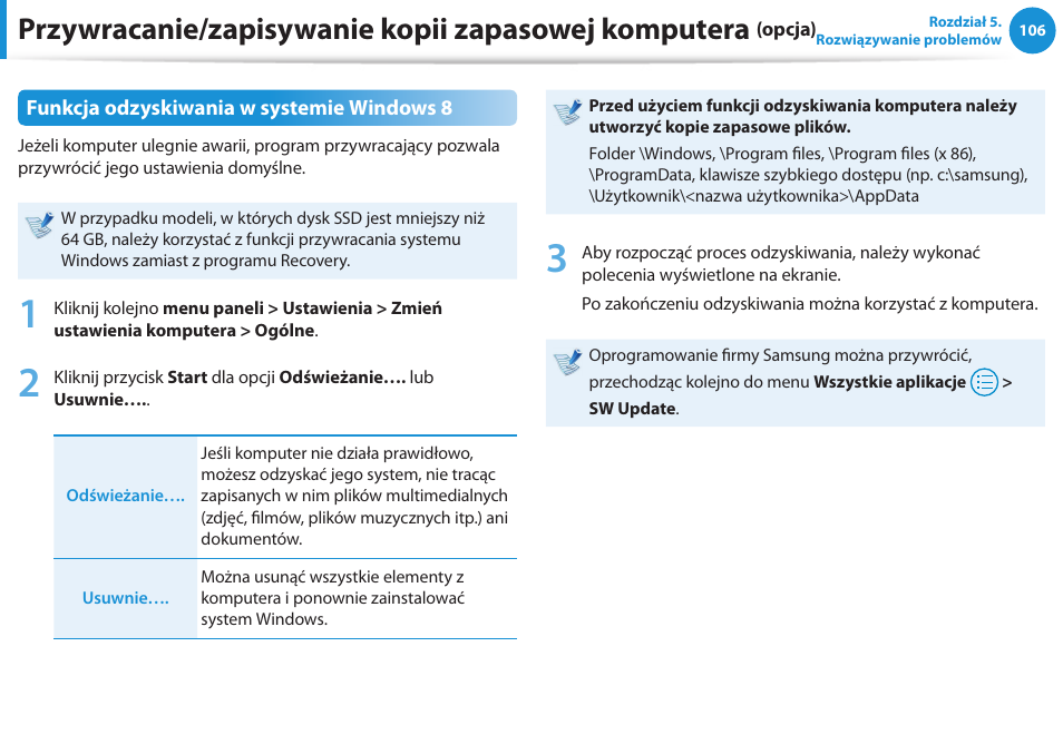 Przywracanie/zapisywanie kopii zapasowej komputera | Samsung NP300E5E User Manual | Page 107 / 146