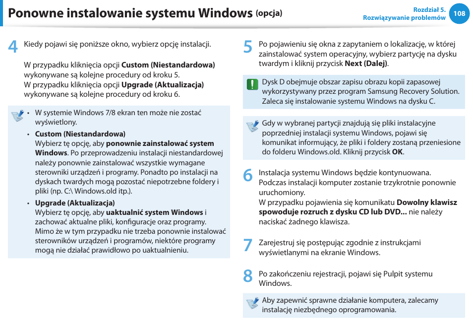 Ponowne instalowanie systemu windows | Samsung NP300E5E User Manual | Page 109 / 146