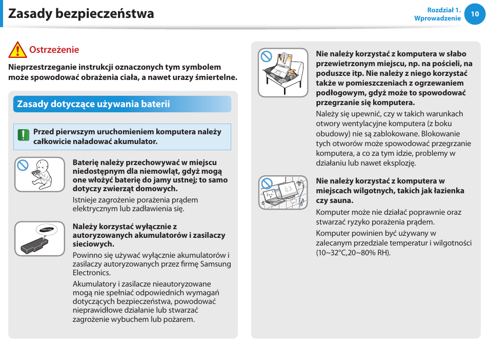 Zasady bezpieczeństwa, Zasady dotyczące używania baterii, Ostrzeżenie | Samsung NP300E5E User Manual | Page 11 / 146