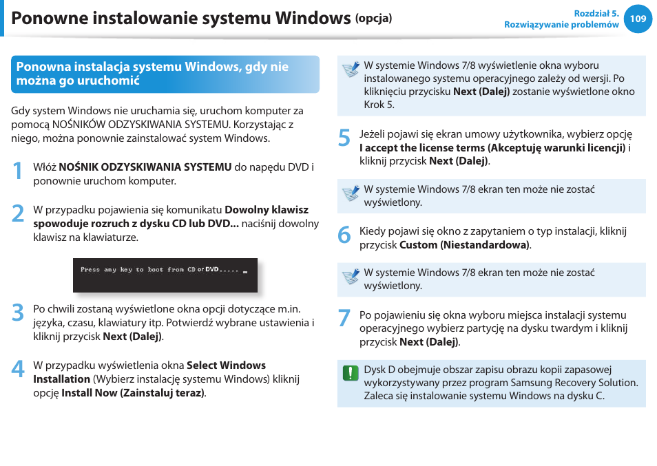 Ponowne instalowanie systemu windows | Samsung NP300E5E User Manual | Page 110 / 146