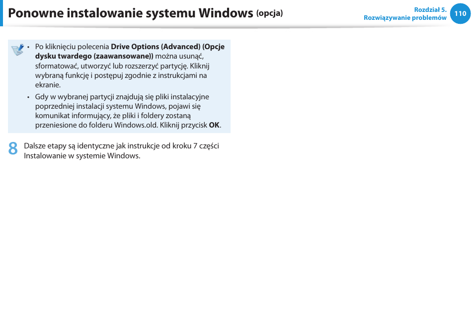 Ponowne instalowanie systemu windows | Samsung NP300E5E User Manual | Page 111 / 146