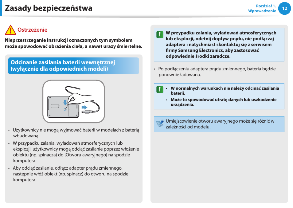 Zasady bezpieczeństwa, Ostrzeżenie | Samsung NP300E5E User Manual | Page 13 / 146