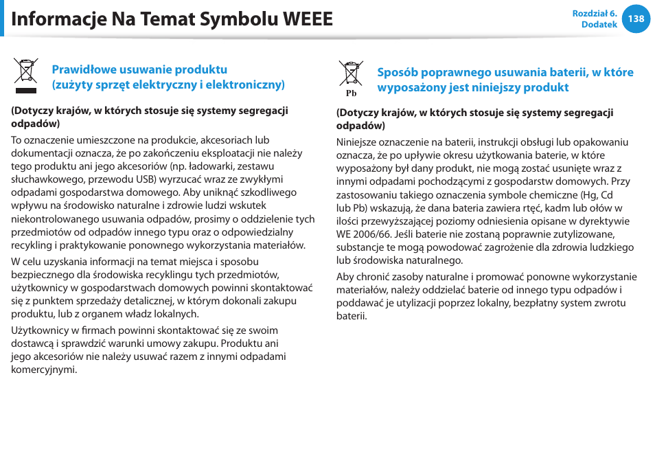 Informacje na temat symbolu weee | Samsung NP300E5E User Manual | Page 139 / 146