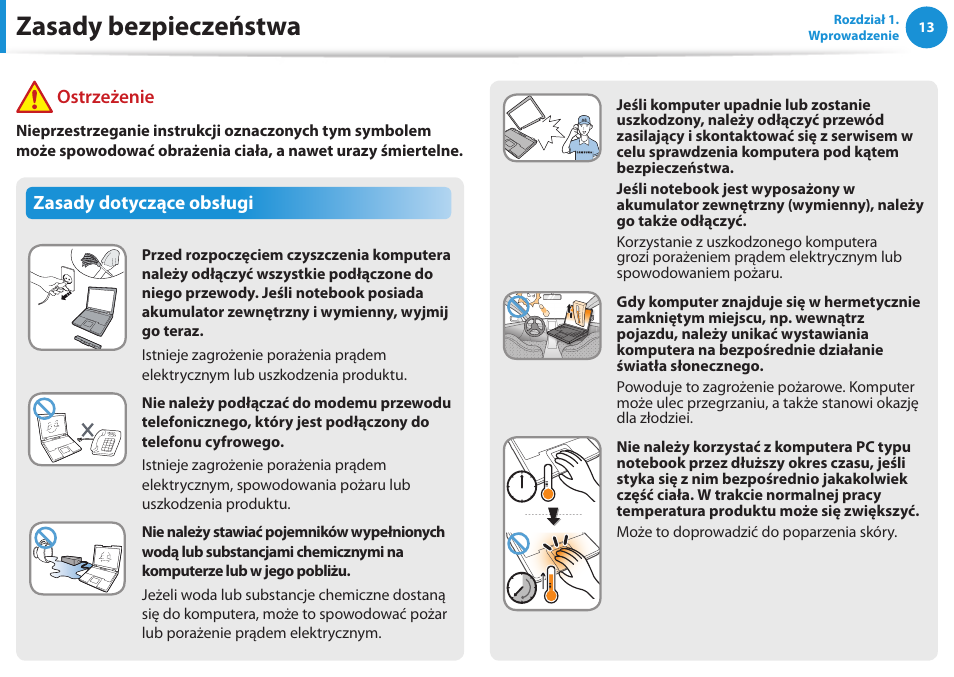 Zasady bezpieczeństwa, Zasady dotyczące obsługi, Ostrzeżenie | Samsung NP300E5E User Manual | Page 14 / 146