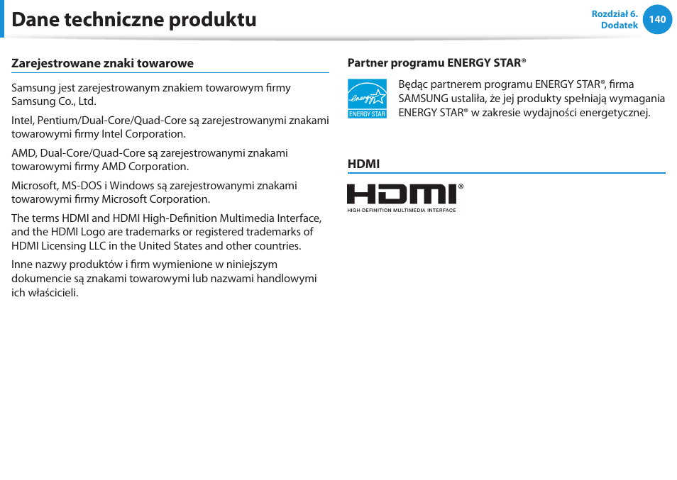 Dane techniczne produktu | Samsung NP300E5E User Manual | Page 141 / 146