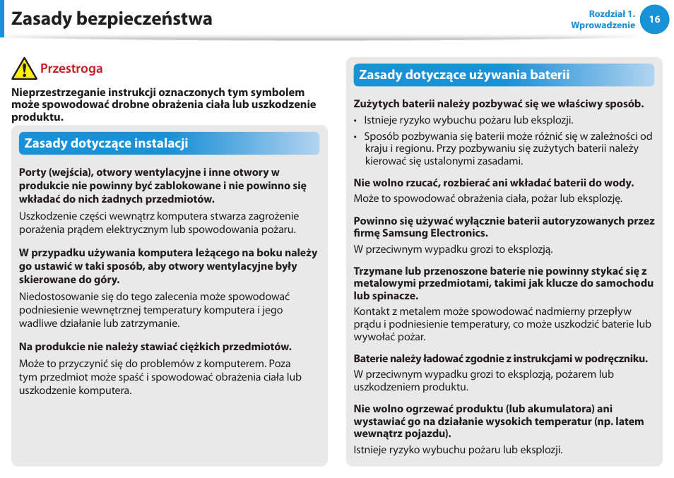 Zasady bezpieczeństwa, Zasady dotyczące instalacji, Zasady dotyczące używania baterii | Przestroga | Samsung NP300E5E User Manual | Page 17 / 146