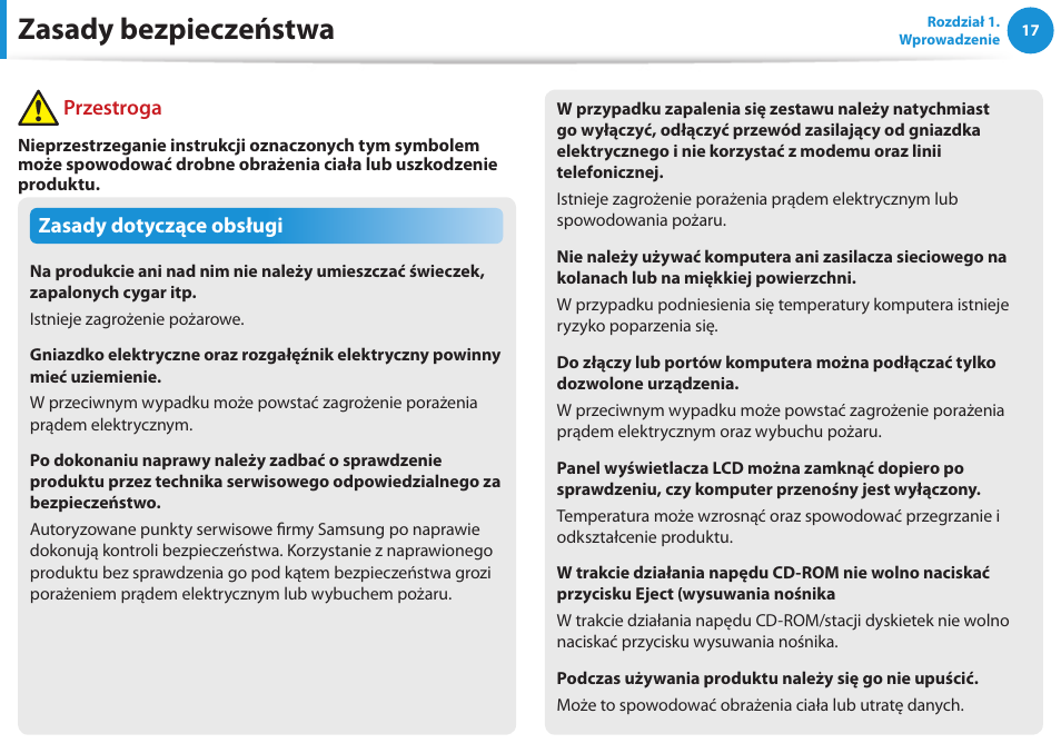 Zasady bezpieczeństwa, Zasady dotyczące obsługi, Przestroga | Samsung NP300E5E User Manual | Page 18 / 146