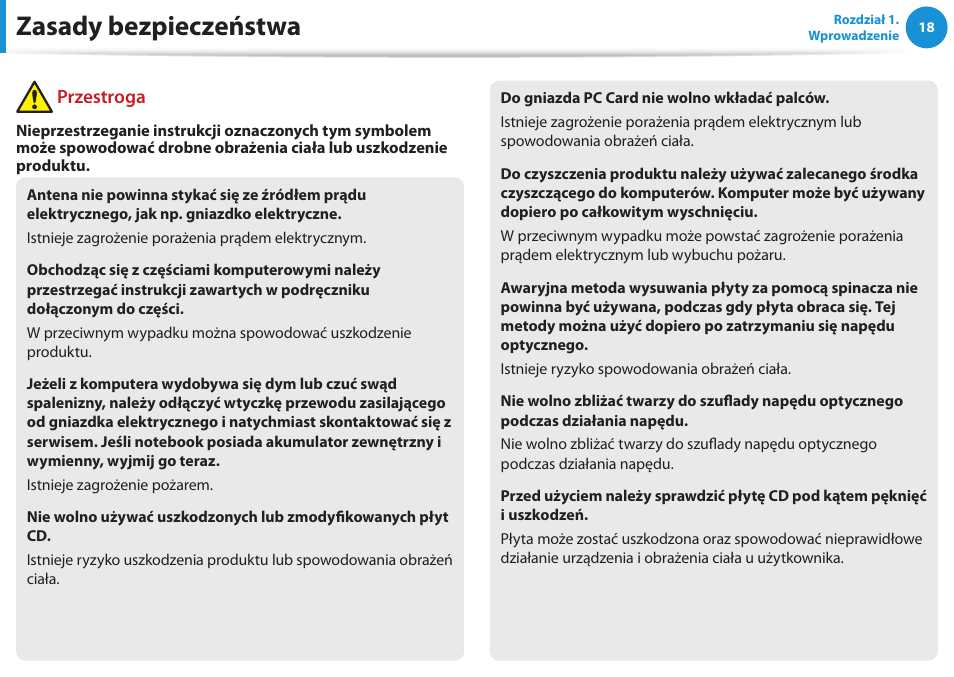 Zasady bezpieczeństwa, Przestroga | Samsung NP300E5E User Manual | Page 19 / 146