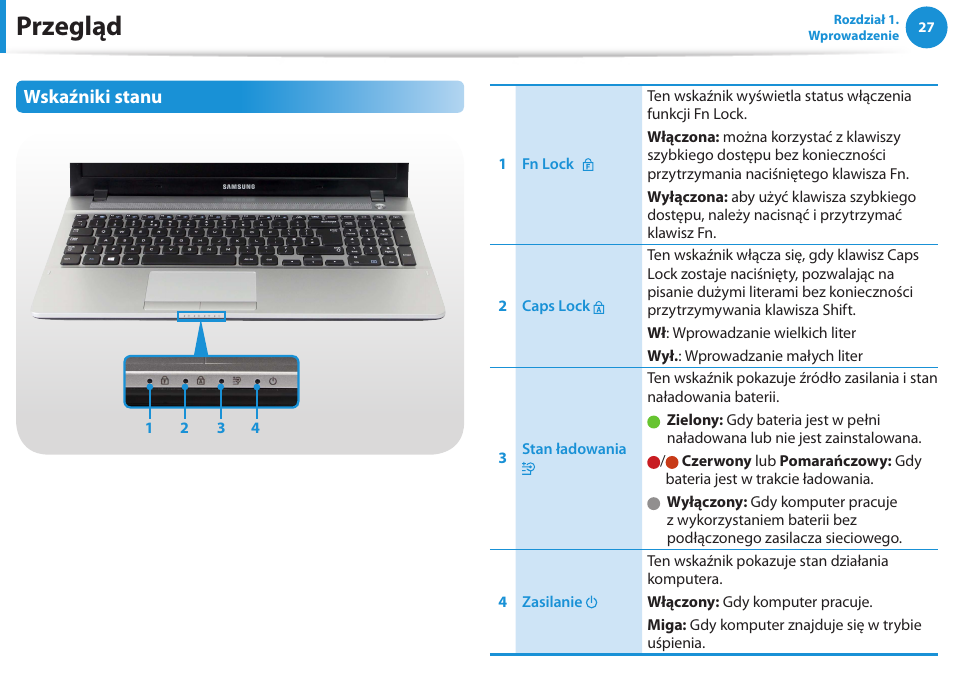 Przegląd, Wskaźniki stanu | Samsung NP300E5E User Manual | Page 28 / 146