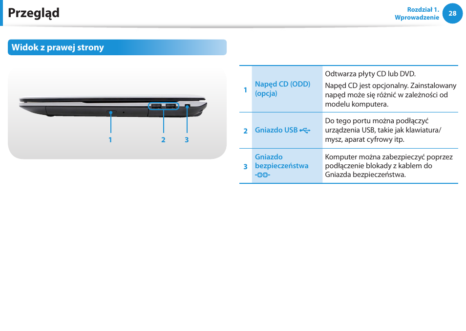 Przegląd, Widok z prawej strony | Samsung NP300E5E User Manual | Page 29 / 146