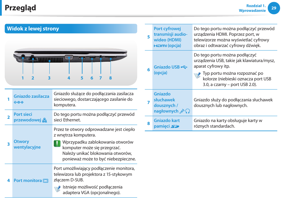 Przegląd, Widok z lewej strony | Samsung NP300E5E User Manual | Page 30 / 146