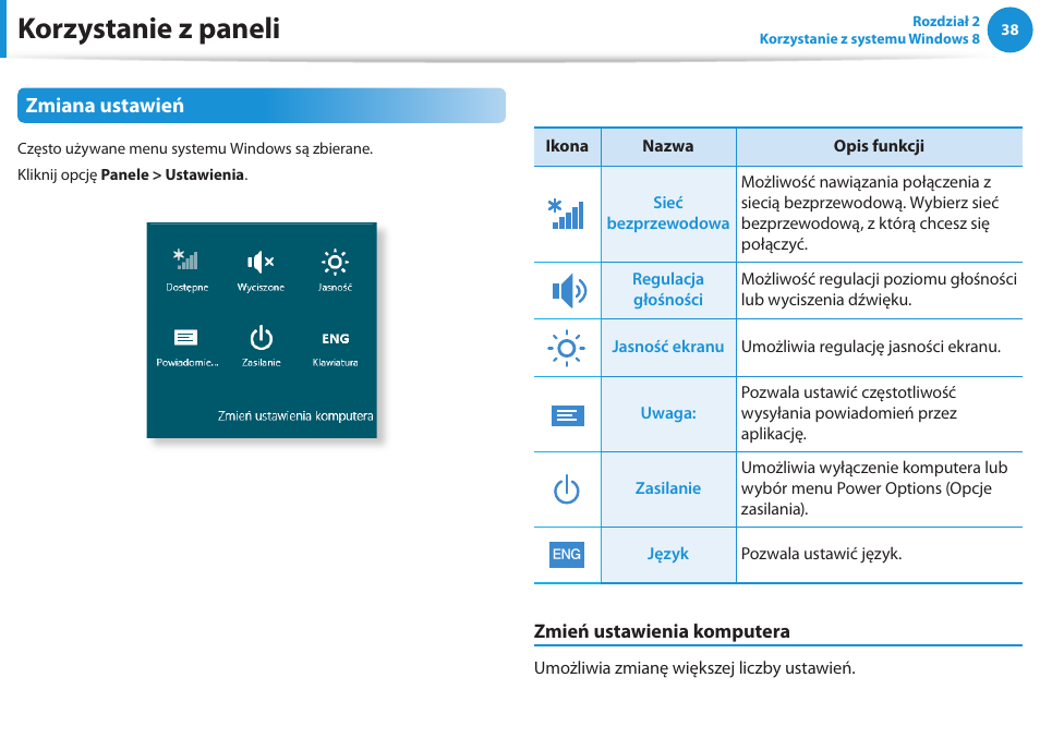 Korzystanie z paneli, Zmiana ustawień | Samsung NP300E5E User Manual | Page 39 / 146