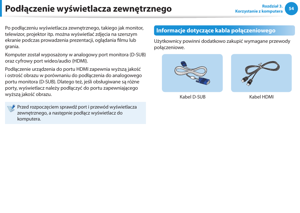 Podłączenie wyświetlacza zewnętrznego | Samsung NP300E5E User Manual | Page 55 / 146