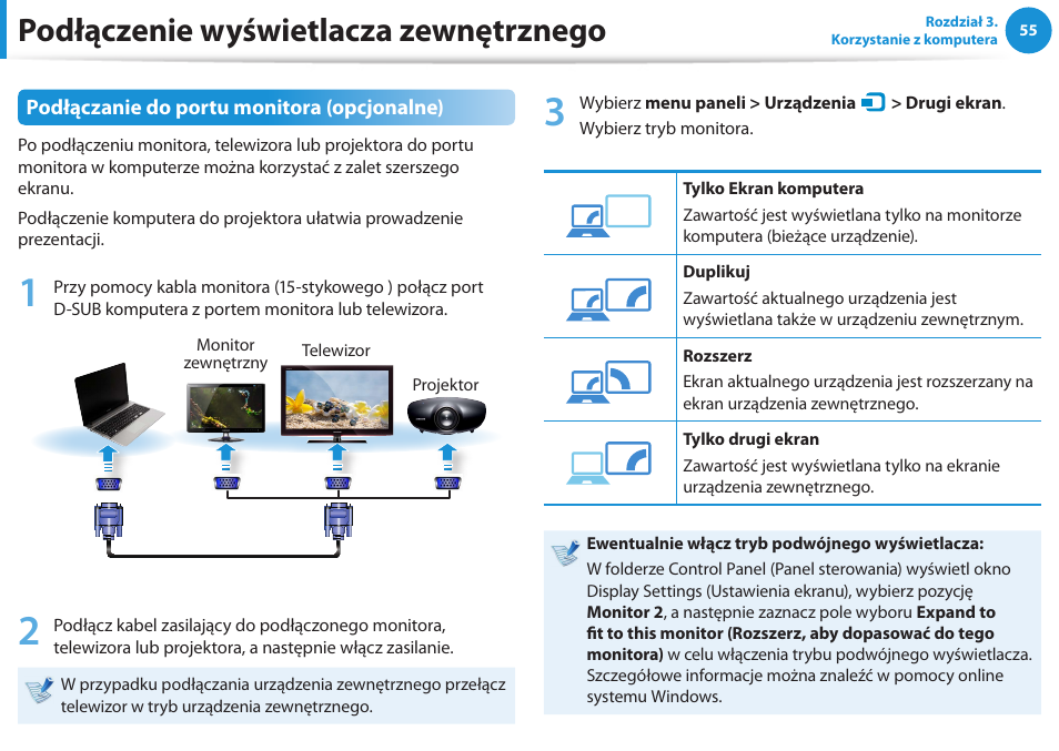 Podłączenie wyświetlacza zewnętrznego, Podłączanie do portu monitora (opcjonalne) | Samsung NP300E5E User Manual | Page 56 / 146