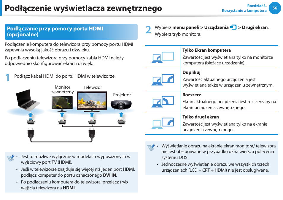 Podłączenie wyświetlacza zewnętrznego, Podłączanie przy pomocy portu hdmi (opcjonalne) | Samsung NP300E5E User Manual | Page 57 / 146