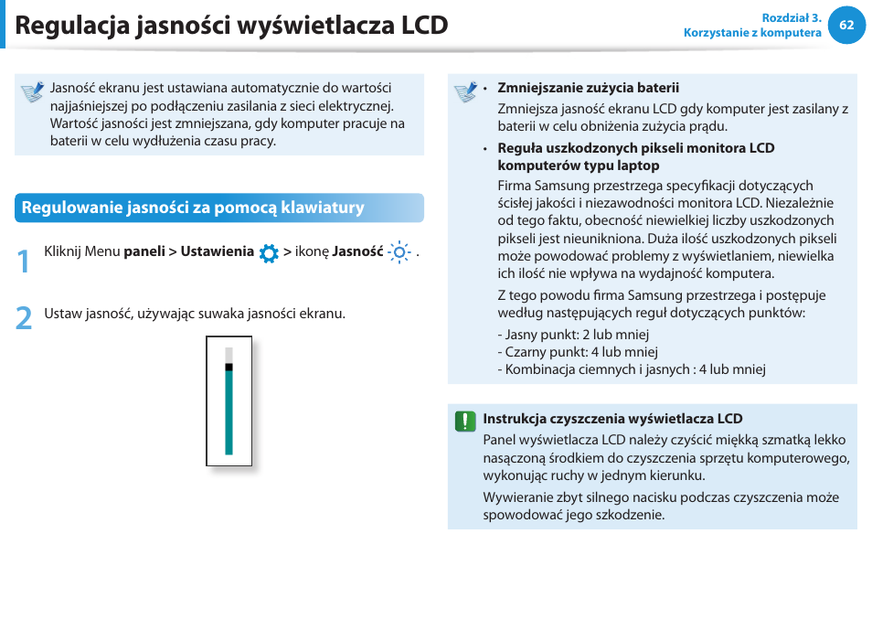 Regulacja jasności wyświetlacza lcd | Samsung NP300E5E User Manual | Page 63 / 146