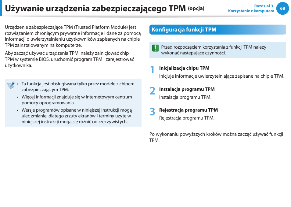 Używanie urządzenia zabezpieczającego tpm (opcja), Używanie urządzenia zabezpieczającego tpm, Opcja) | Samsung NP300E5E User Manual | Page 69 / 146