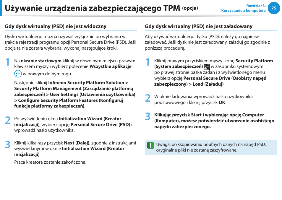 Używanie urządzenia zabezpieczającego tpm | Samsung NP300E5E User Manual | Page 76 / 146