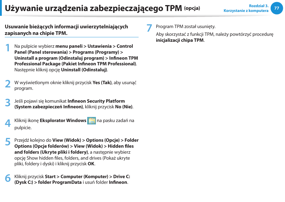 Używanie urządzenia zabezpieczającego tpm | Samsung NP300E5E User Manual | Page 78 / 146