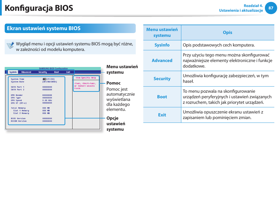 Konfiguracja bios, Ekran ustawień systemu bios | Samsung NP300E5E User Manual | Page 88 / 146