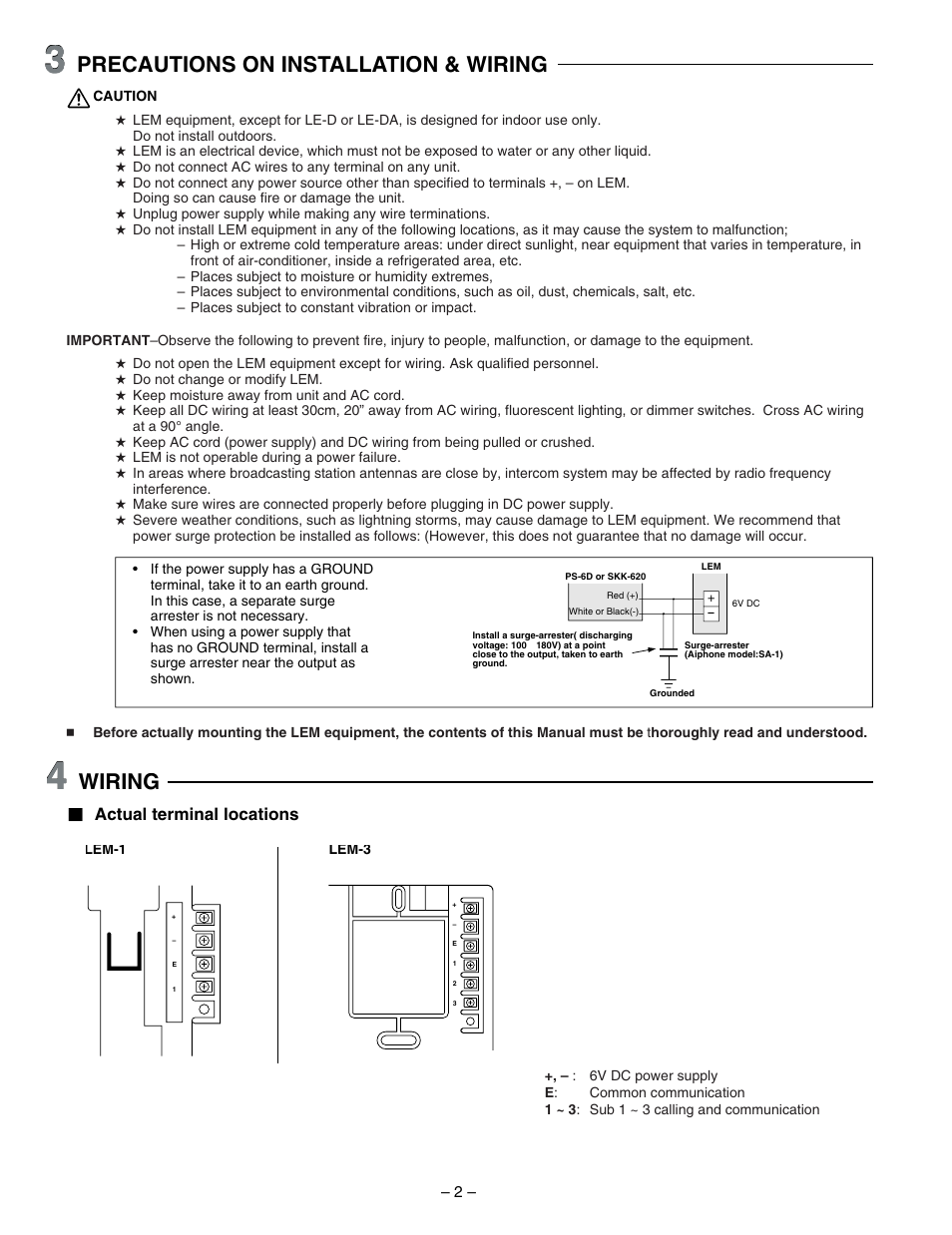 Precautions on installation & wiring, Wiring | Aiphone LEM-3 User Manual | Page 2 / 4