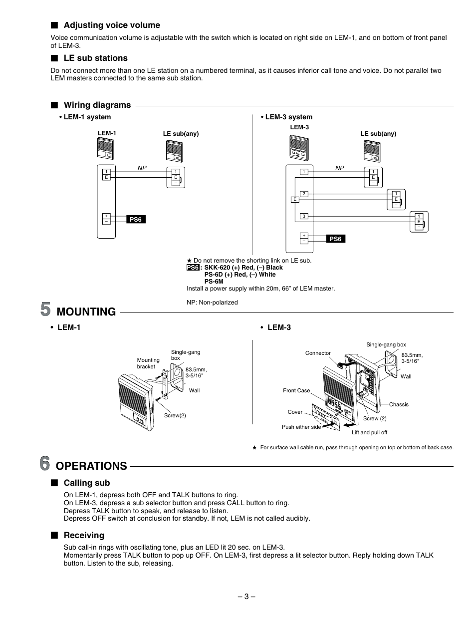 Mounting, Operations, Adjusting voice volume | Le sub stations, Wiring diagrams, Calling sub, Receiving | Aiphone LEM-3 User Manual | Page 3 / 4