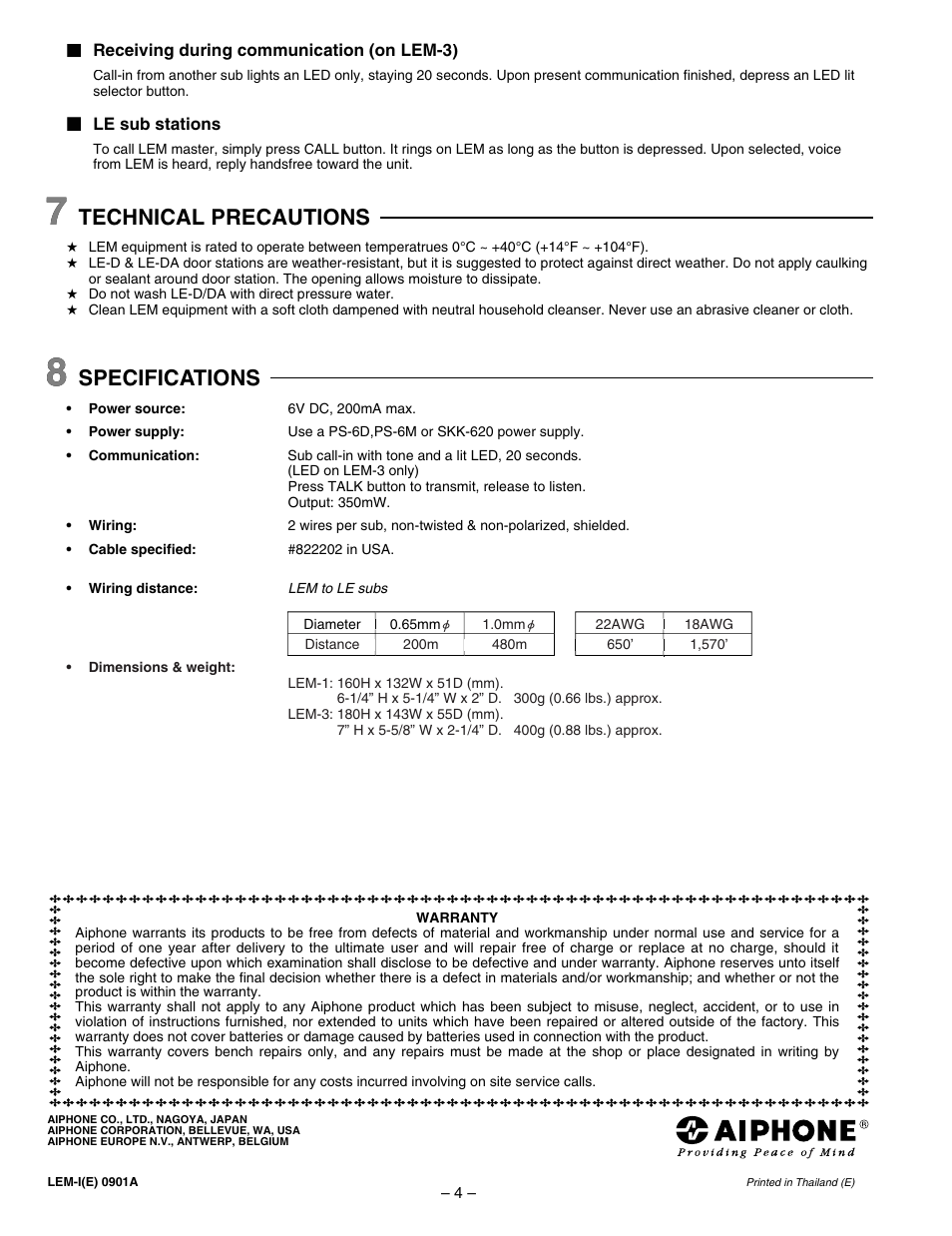 Specifications, Technical precautions | Aiphone LEM-3 User Manual | Page 4 / 4