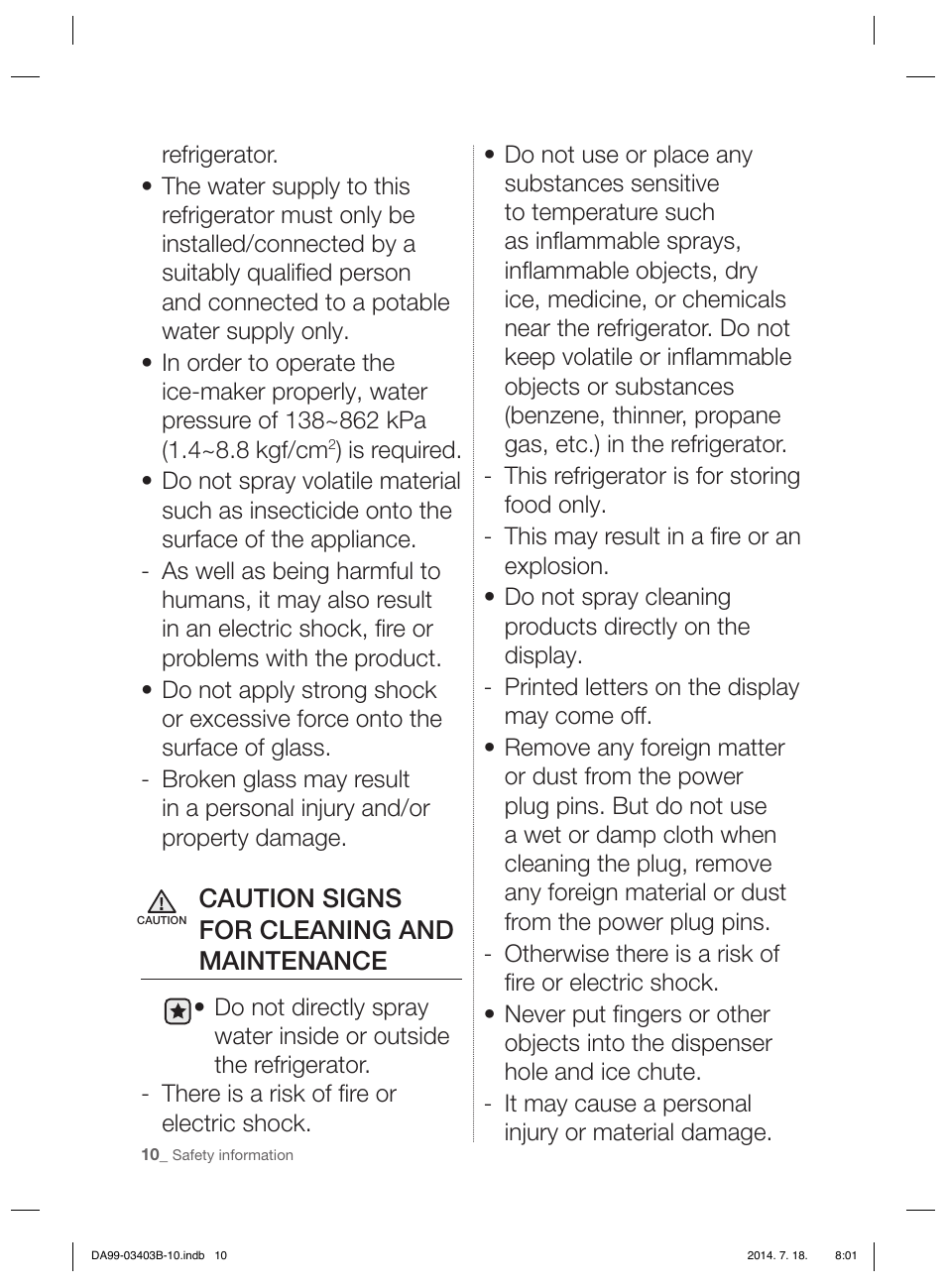 Caution signs for cleaning and maintenance | Samsung RFG23DERS User Manual | Page 10 / 252