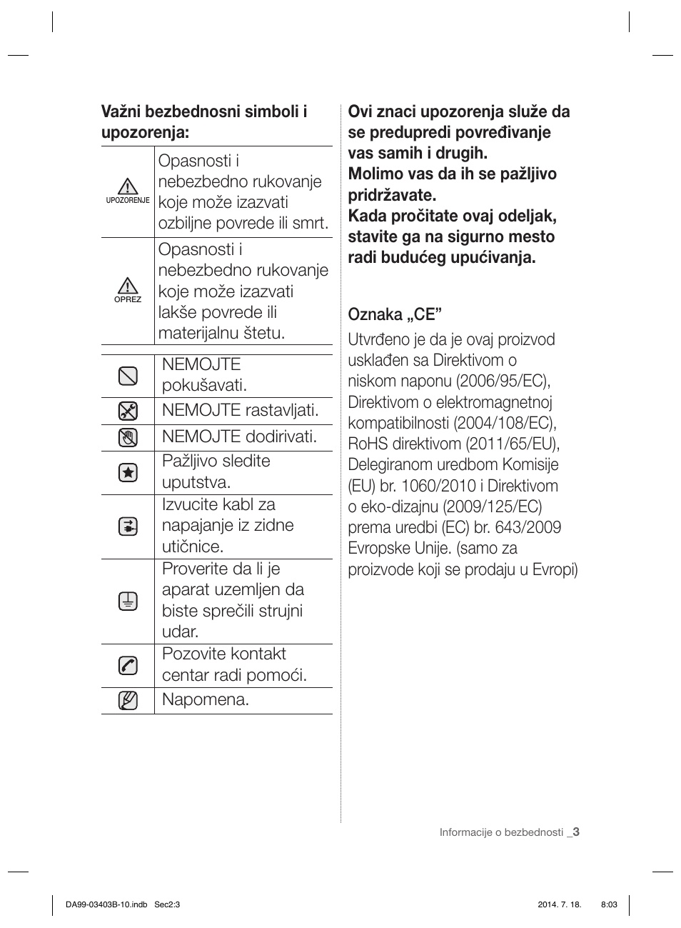 Važni bezbednosni simboli i upozorenja | Samsung RFG23DERS User Manual | Page 115 / 252