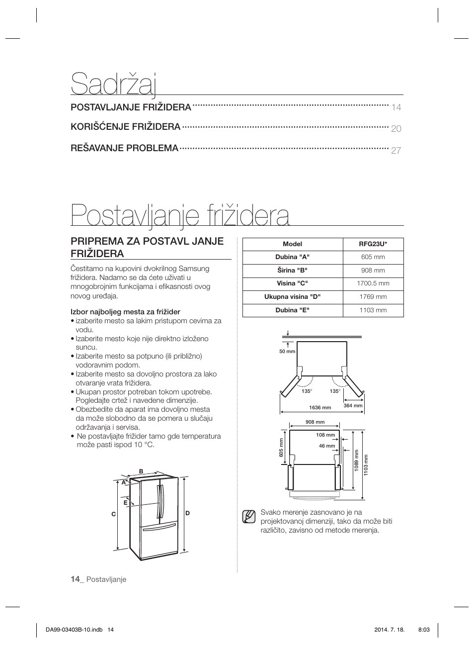 Postavljanje frižidera sadržaj, Priprema za postavl janje frižidera | Samsung RFG23DERS User Manual | Page 126 / 252