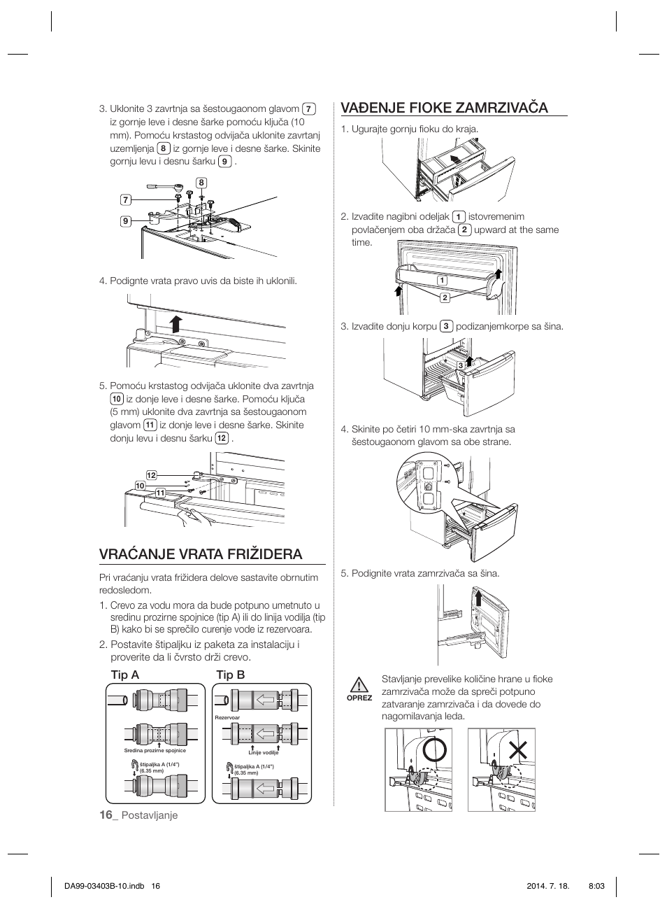 Vraćanje vrata frižidera, Vađenje fioke zamrzivača | Samsung RFG23DERS User Manual | Page 128 / 252