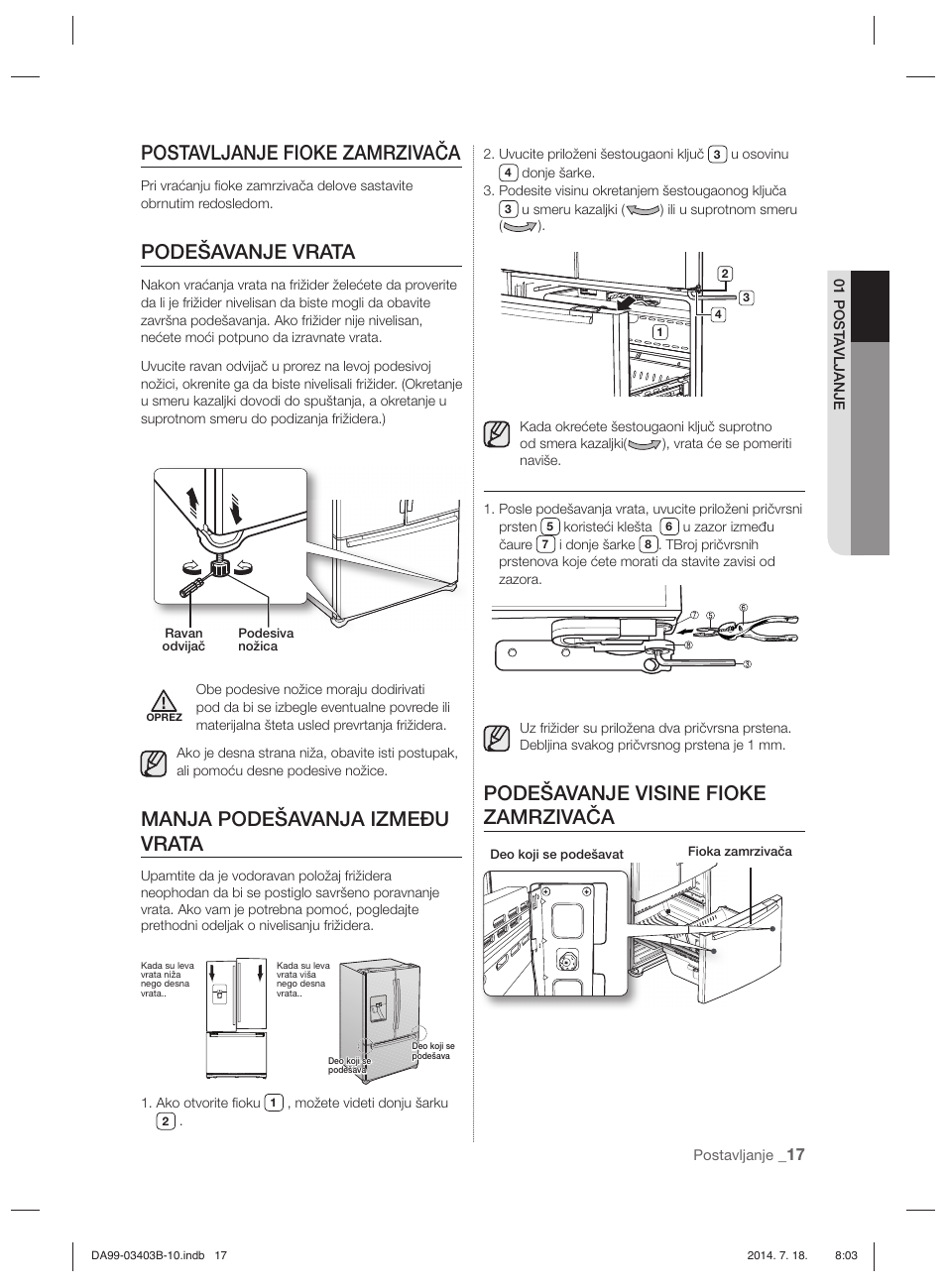 Postavljanje fioke zamrzivača, Podešavanje vrata, Manja podešavanja između vrata | Podešavanje visine fioke zamrzivača | Samsung RFG23DERS User Manual | Page 129 / 252