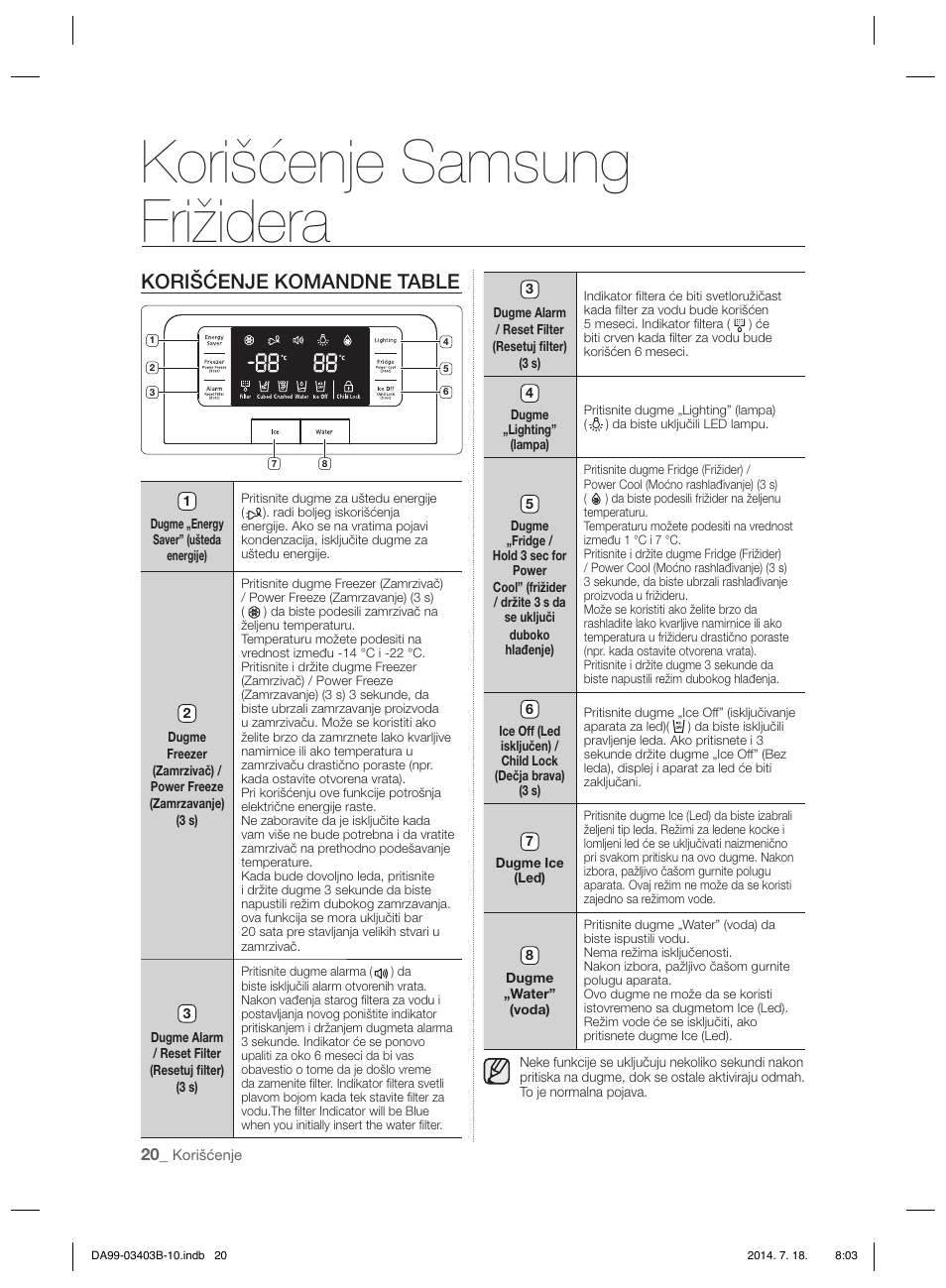 Korišćenje samsung frižidera, Korišćenje komandne table | Samsung RFG23DERS User Manual | Page 132 / 252