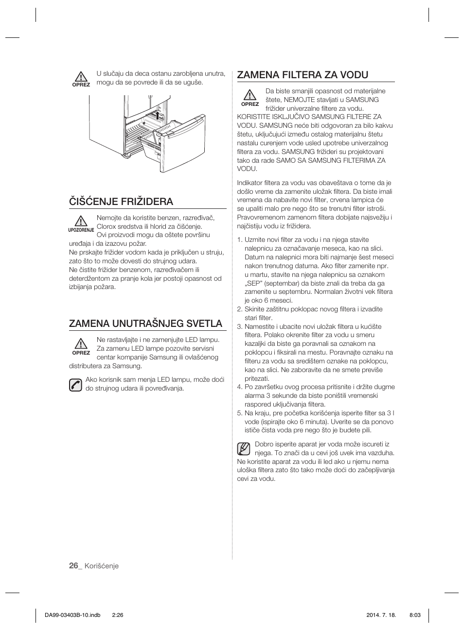 Čišćenje frižidera, Zamena unutrašnjeg svetla, Zamena filtera za vodu | Samsung RFG23DERS User Manual | Page 138 / 252