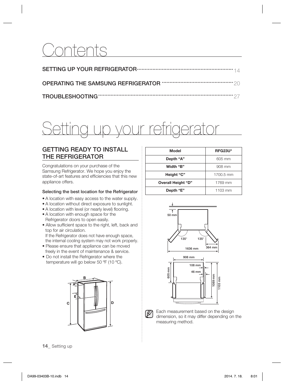 Setting up your refrigerator contents, Getting ready to install the refrigerator | Samsung RFG23DERS User Manual | Page 14 / 252