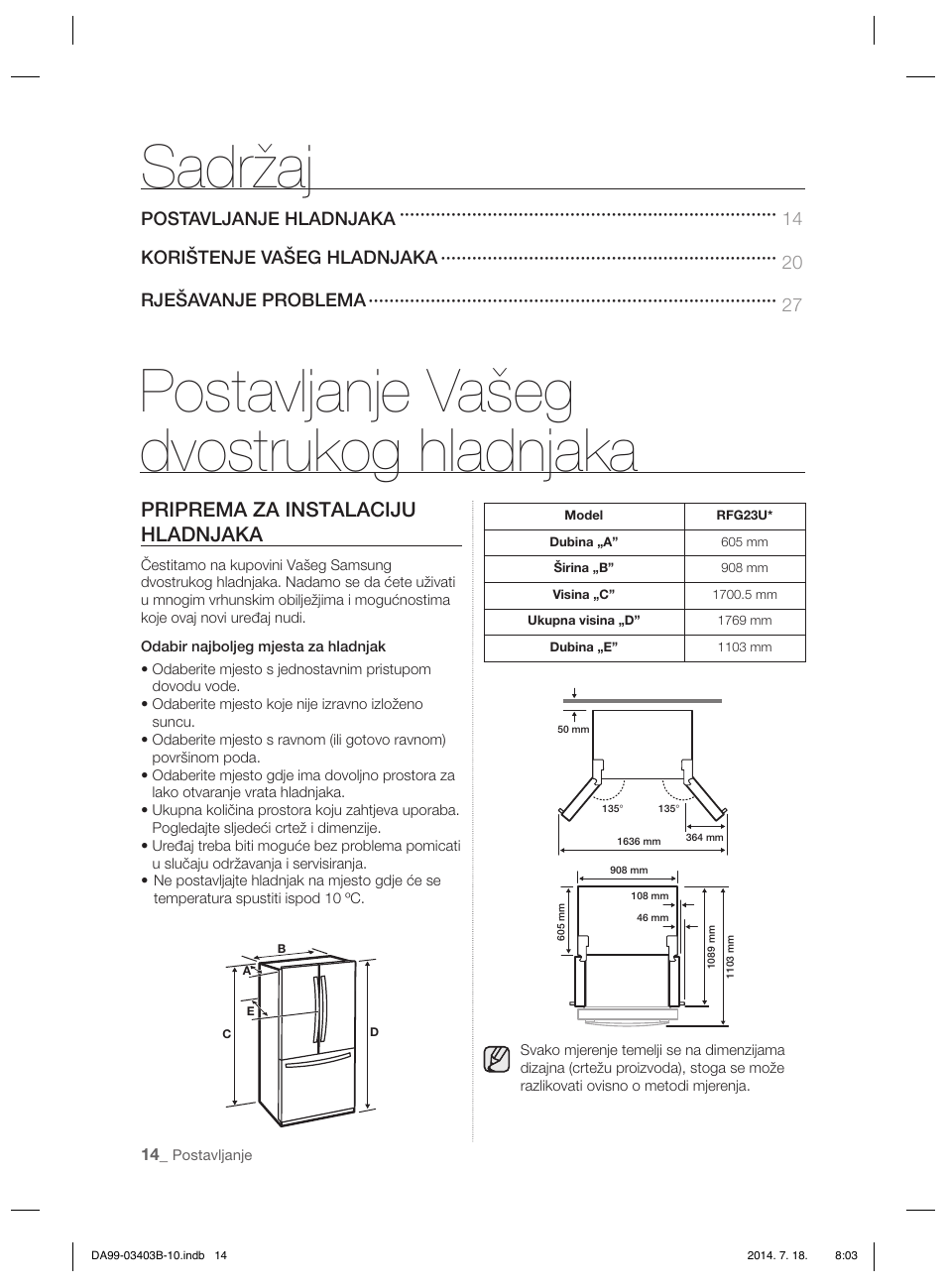 Postavljanje vašeg dvostrukog hladnjaka sadržaj, Priprema za instalaciju hladnjaka | Samsung RFG23DERS User Manual | Page 154 / 252