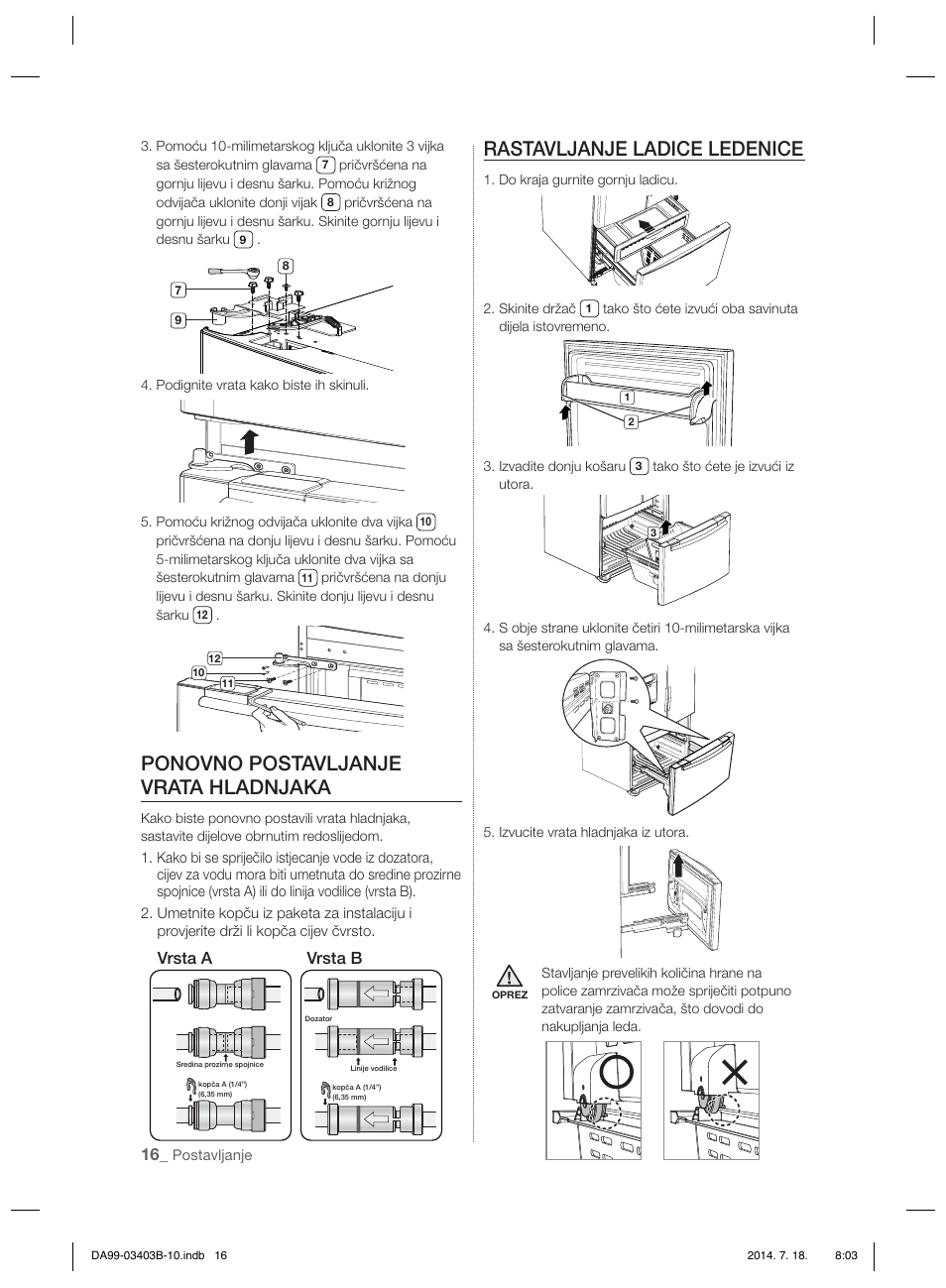 Ponovno postavljanje vrata hladnjaka, Rastavljanje ladice ledenice | Samsung RFG23DERS User Manual | Page 156 / 252